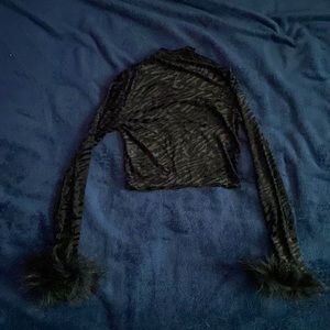 Fairycore Gothcore Long Sleeve Black Suede Zebra Print Top with Furry Cuffs